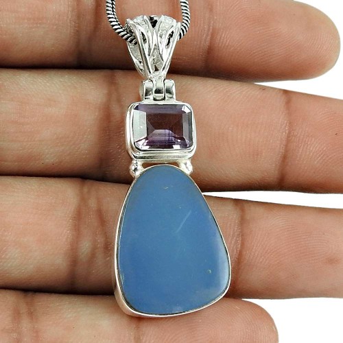 Amusable 925 Sterling Silver Australian Opal, Amethyst Gemstone Pendant