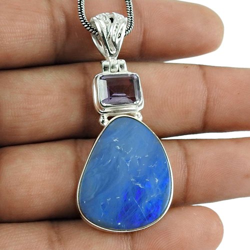 Excellent 925 Sterling Silver Australian Opal, Amethyst Gemstone Pendant