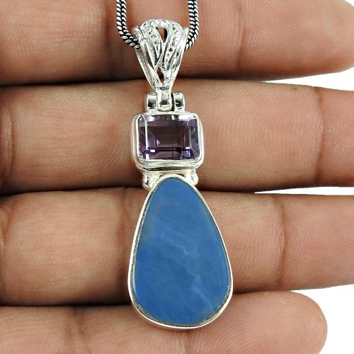 Beautiful 925 Sterling Silver Australian Opal, Amethyst Gemstone Pendant