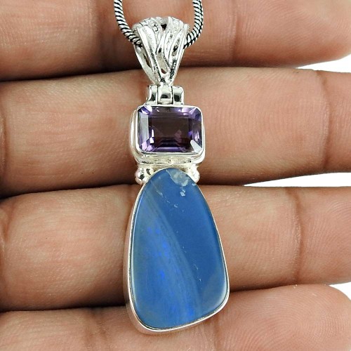 Daily Wear 925 Sterling Silver Australian Opal, Amethyst Gemstone Pendant