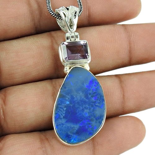 Rare 925 Sterling Silver Australian Opal, Amethyst Gemstone Pendant