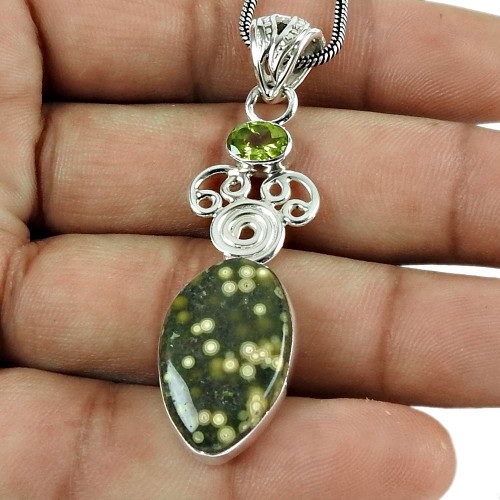 Lovely Peridot, Ocean Jasper Gemstone Pendant Indian Sterling Silver Jewellery