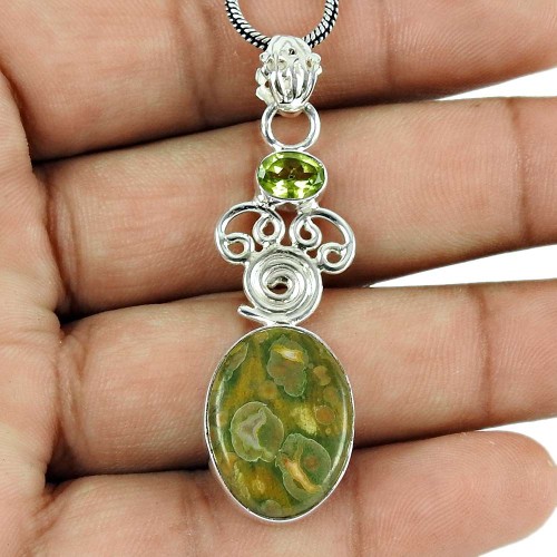 Graceful Peridot, Jasper Gemstone Pendant 925 Silver Jewellery