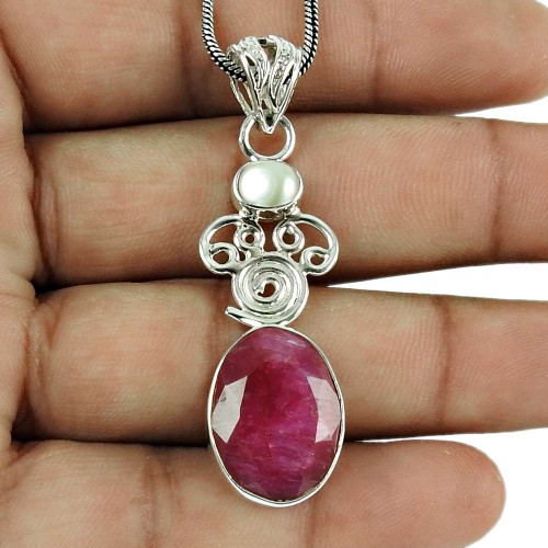 Rattling Ruby, Pearl Gemstone Pendant 925 Silver Jewellery