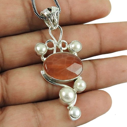 Trendy Crackled Fire Agate, Pearl Gemstone Pendant 925 Sterling Silver Gemstone Jewellery