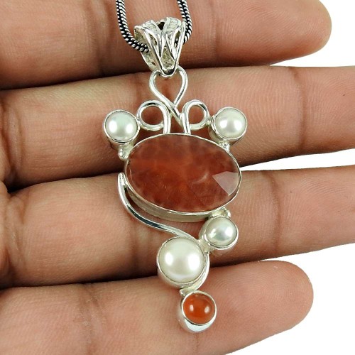 Pleasing Crackled Fire Agate, Carnelian, Pearl Gemstone Pendant 925 Sterling Silver Jewellery