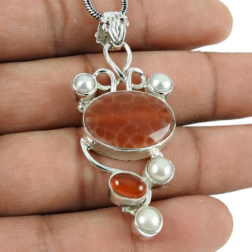 Seemly Crackled Fire Agate, Carnelian, Pearl Gemstone Pendant 925 Silver Jewellery