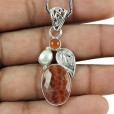 Rattling Crackled Fire Agate, Carnelian, Pearl Gemstone Pendant 925 Silver Jewellery