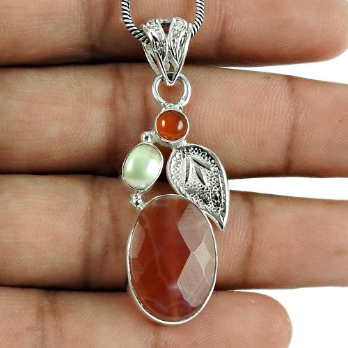 Scrumptious Crackled Fire Agate, Carnelian, Pearl Gemstone Pendant 925 Sterling Silver Jewellery