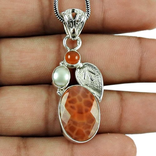 Designer Crackled Fire Agate, Carnelian, Pearl Gemstone Pendant 925 Sterling Silver Indian Jewellery