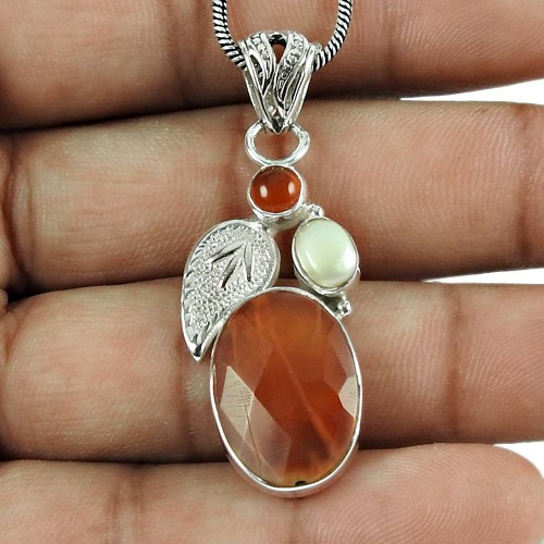 Party Wear Crackled Fire Agate, Carnelian, Pearl Gemstone Pendant Sterling Silver Fashion Jewellery