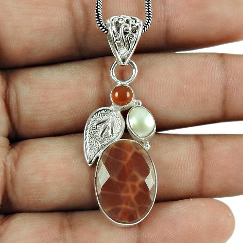 Pretty Crackled Fire Agate, Carnelian, Pearl Gemstone Pendant 925 Sterling Silver Gemstone Jewellery