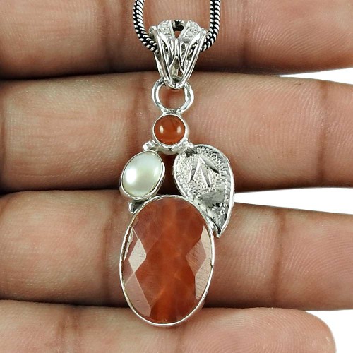 Graceful Crackled Fire Agate, Carnelian, Pearl Gemstone Pendant 925 Silver Jewellery