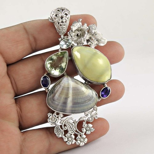 Sterling Silver Fashion Jewelry Rare Shell, Amethyst, Green Amethyst, Blue Topaz Gemstone Pendant Manufacturer