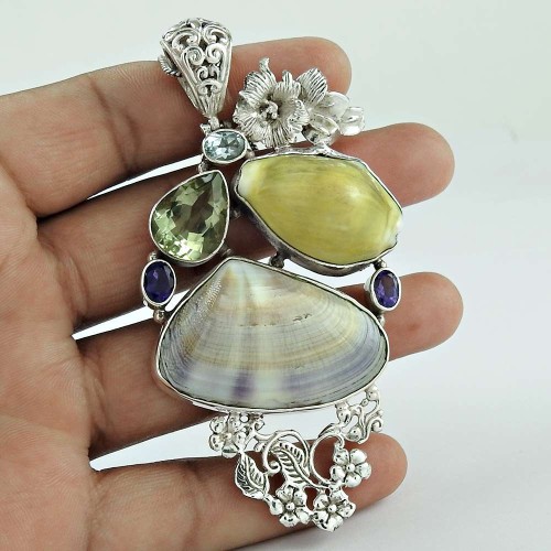 925 Silver Jewelry Ethnic Shell, Amethyst, Green Amethyst, Blue Topaz Gemstone Pendant Wholesaler