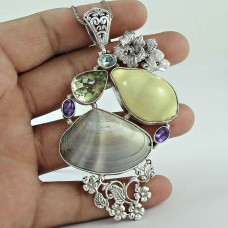 925 Silver Jewelry Traditional Shell, Amethyst, Green Amethyst, Blue Topaz Gemstone Pendant Wholesaling