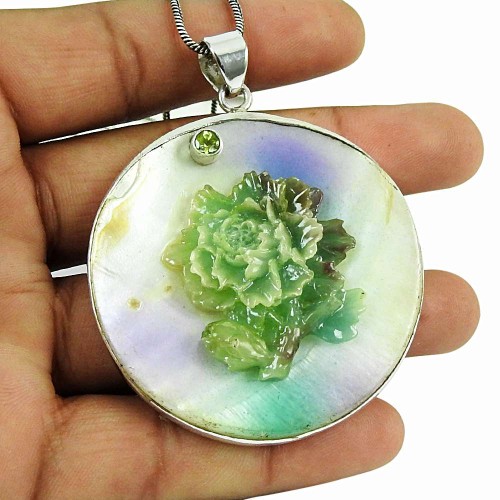 Party Wear Mother of Pearl, Peridot Gemstone Pendant Sterling Silver Fashion Jewellery