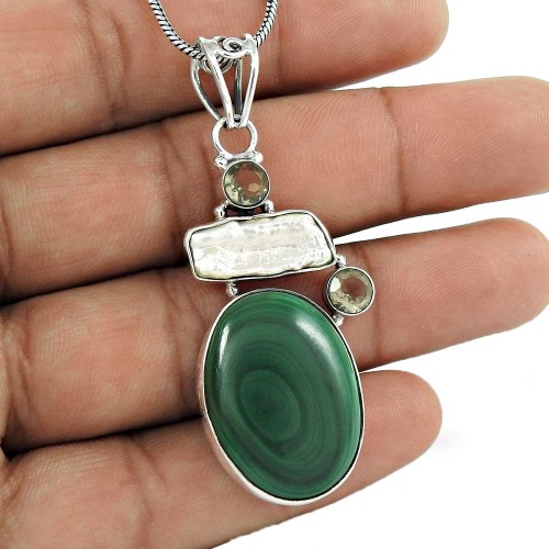 925 sterling silver indian jewelry Beautiful Malachite, Biwa Pearl, Crystal Gemstone Pendant