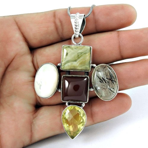 925 Sterling Silver Jewelry High Polish Red Onyx, Black Rutile, Lemon Topaz, Mother of Pearl, Jasper Gemstone Pendant Al por mayor