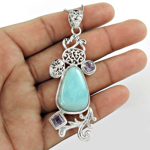 925 Silver Jewelry Beautiful Larimar, Amethyst Gemstone Pendant Wholesaling