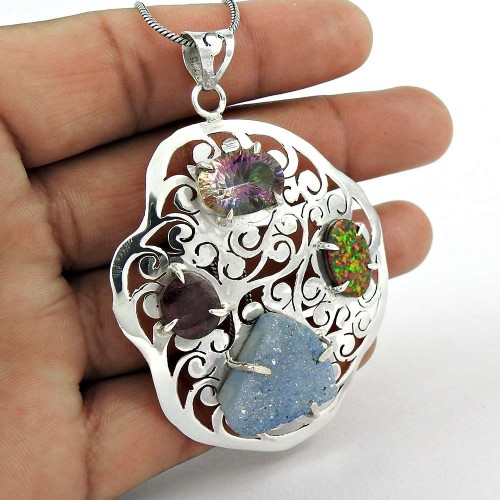 925 Sterling Silver Fashion Jewelry Trendy Druzy, Mystic Topaz, Opal, Ruby Gemstone Pendant Wholesaler India