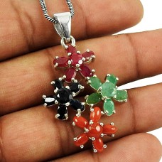 Lovely Ruby, Blue Sapphire, Emerald & Coral Gemstone Pendant Indian Sterling Silver Jewellery