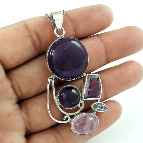 Beautiful 925 Sterling Silver Rose Quartz Amethyst Gemstone Pendant Jewelry