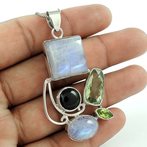 Rare 925 Sterling Silver Rainbow Moonstone Peridot Black Onyx Green Onyx Gemstone Pendant Ethnic Jewelry