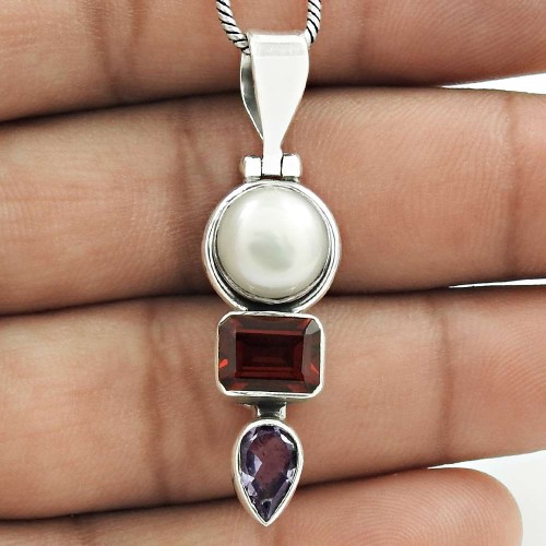 Latest Trend 925 Sterling Silver Pearl, Garnet, Amethyst Gemstone Pendant Vintage Jewelry C97