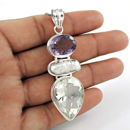 Paradise Bloom !! 925 Sterling Silver Amethyst, Freshwater Pearl, Crystal Pendant