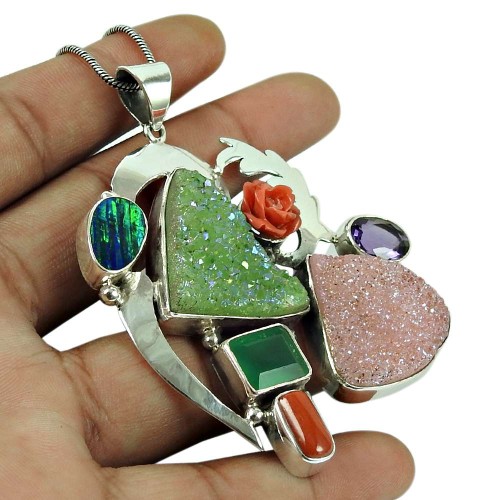 Scenic Druzy, Green Onyx, Coral, Amethyst, Opal Gemstone Pendant Sterling Silver Jewellery