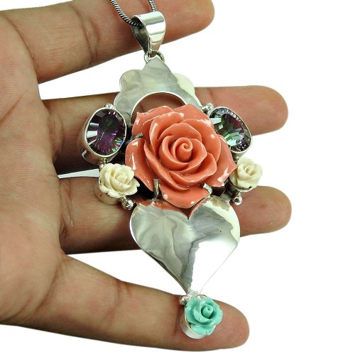 Good-Looking Mystic Topaz, Synthetic Flower Gemstone Pendant 925 Sterling Silver Antique Jewellery