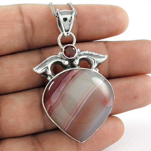 Sterling Silver Fashion Jewelry High Polish Striped Onyx, Garnet Gemstone Pendant Manufacturer