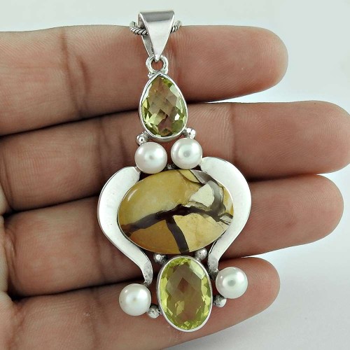 925 Silver Jewelry Traditional Mookaite, Lemon Quartz, Pearl Gemstone Pendant Supplier