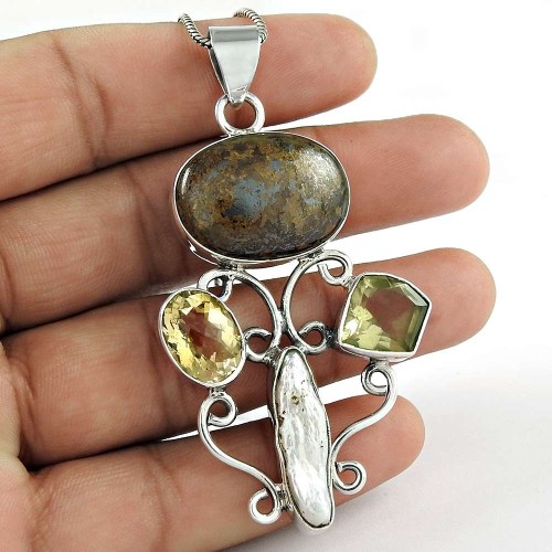 925 Silver Jewelry High Polish Copper Turquoise, Biwa Pearl, Citrine Gemstone Pendant Großhandel