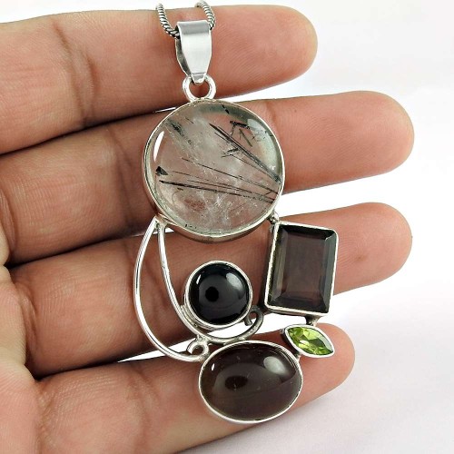 925 Sterling Silver Jewelry Charming Black Rutile, Smoky Quartz, Black Onyx, Peridot Gemstone Pendant Supplier India