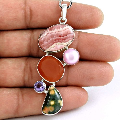 925 Sterling Silver Jewelry Fashion Carnelian, Amethyst, Ocean Jasper, Pink Pearl, Rhodochrosite Gemstone Pendant Exporter India