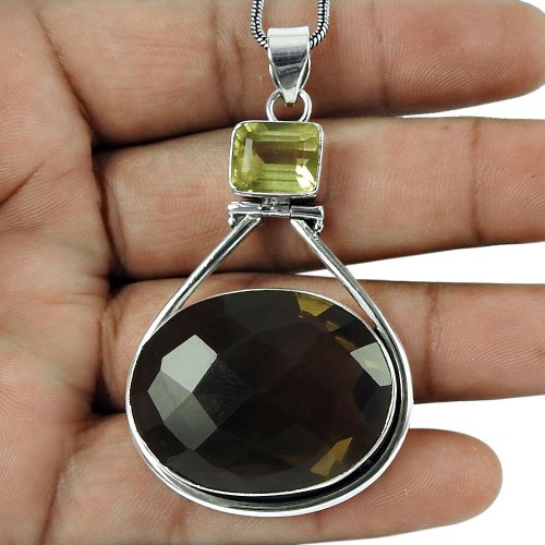 Stunning Smoky Quartz, Citrine Gemstone Pendant 925 Silver Jewellery