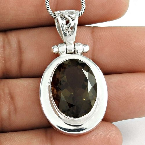 Sterling Silver Indian Jewelry High Polish Smoky Quartz Gemstone Pendant Wholesaler India