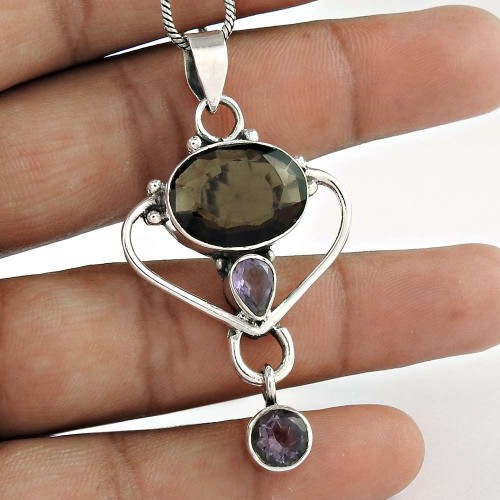 925 Sterling Silver Antique Jewelry Beautiful Smoky Quartz, Amethyst Gemstone Pendant Fabricant