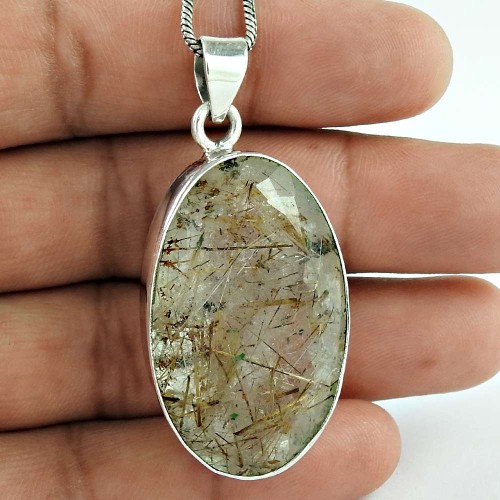 925 Sterling Silver Indian Jewelry Beautiful Golden Rutile Gemstone Pendant Fabricante