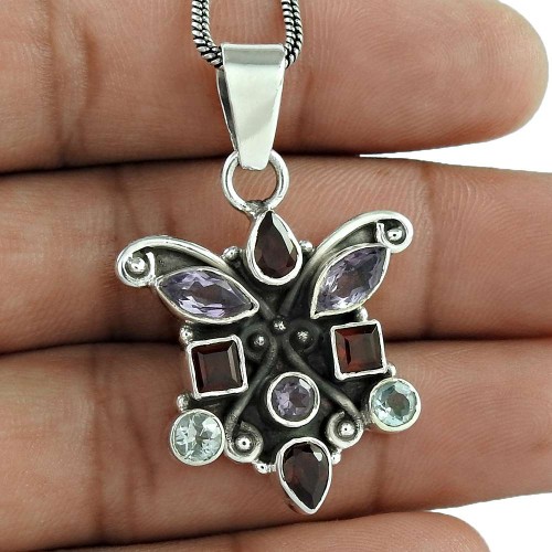 925 sterling silver indian jewelry Rare Garnet, Amethyst, Blue Topaz Gemstone Pendant