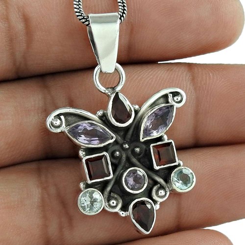 indian silver jewelry Fashion Garnet, Amethyst, Blue Topaz Gemstone Pendant