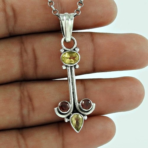 Dainty 925 Sterling Silver Garnet Citrine Gemstone Pendant Vintage Jewellery