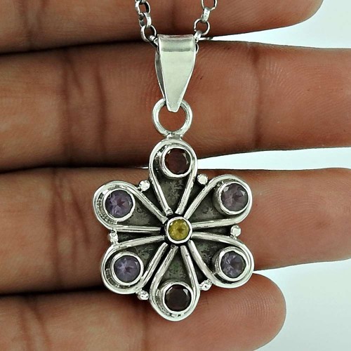 Possessing Good Fortune 925 Sterling Silver Amethyst Garnet Citrine Gemstone Pendant Traditional Jewellery