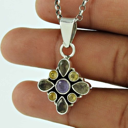 925 Sterling Silver Antique Jewelry Traditional Smoky Quartz, Citrine, Amethyst Gemstone Pendant Al por mayor