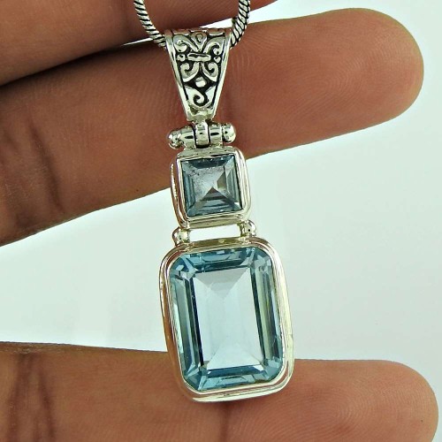 Rare 925 Sterling Silver Blue Topaz Gemstone Pendant Ethnic Jewellery