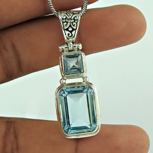 Designer 925 Sterling Silver Blue Topaz Gemstone Pendant Traditional Jewellery