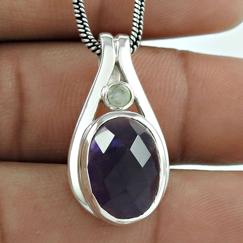 Stunning Rich ! Amethyst, Rainbow Moonstone Silver Jewelry Pendant