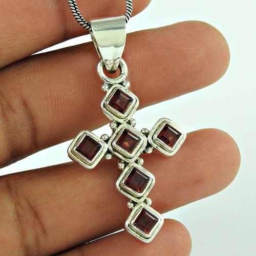 Daily Wear 925 Sterling Silver Garnet Gemstone Cross Pendant Jewellery